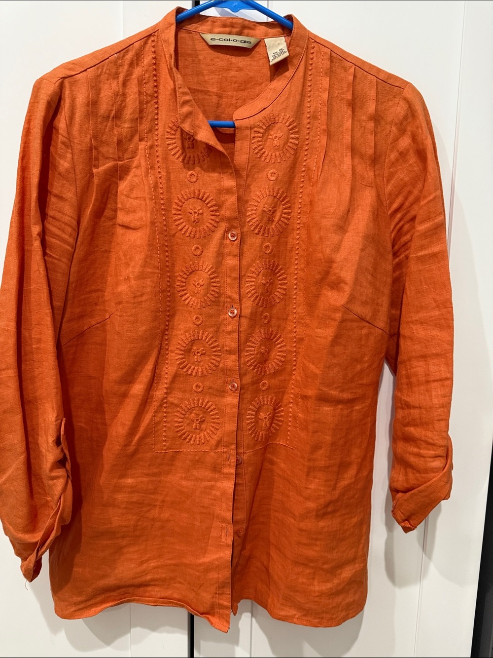 e.col.o.gie Embroidered 100% Linen Sz M Roll Tab Sleeves Tunic Top Orange Bursts